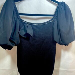 Ann WT Chiffon Puff Sleeve Shirt Rhinestone trim on collar & sleeve